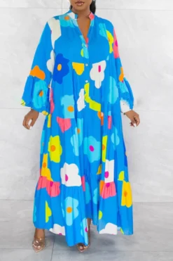 Floral Print Relaxed Tiered Midi Dress -Prettytina C23060930 BL 3