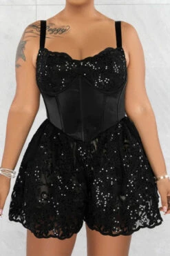 Solid Color Stunning Lace Patchwork Romper 9 Solid Color Stunning Lace Patchwork Romper -Prettytina C23060935 BK 1