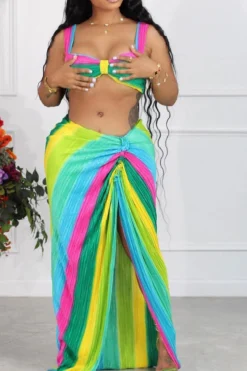 Rainbow Flattering High Split Dress Suit -Prettytina C23060994 GR 3