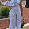 Striped Oblique Collar Pretty Ruffle Jumpsuit