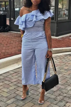 Striped Oblique Collar Pretty Ruffle Jumpsuit -Prettytina C23061225 BL 3