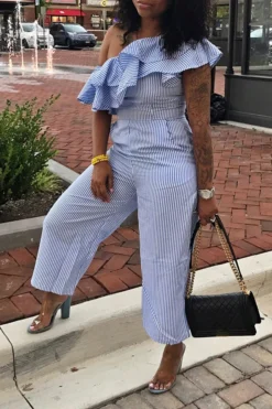 Striped Oblique Collar Pretty Ruffle Jumpsuit -Prettytina C23061225 BL 4