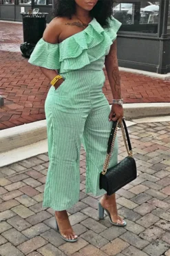 Striped Oblique Collar Pretty Ruffle Jumpsuit -Prettytina C23061225 GR 2