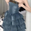 Gradient Girly Belted Tiered Ruffle Denim Mini Dress