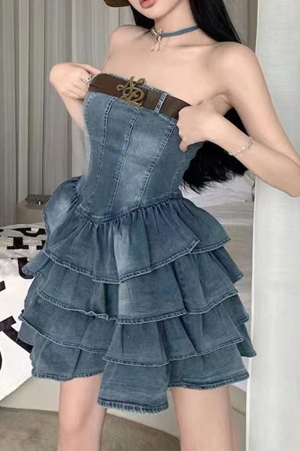 Gradient Girly Belted Tiered Ruffle Denim Mini Dress 1 Gradient Girly Belted Tiered Ruffle Denim Mini Dress