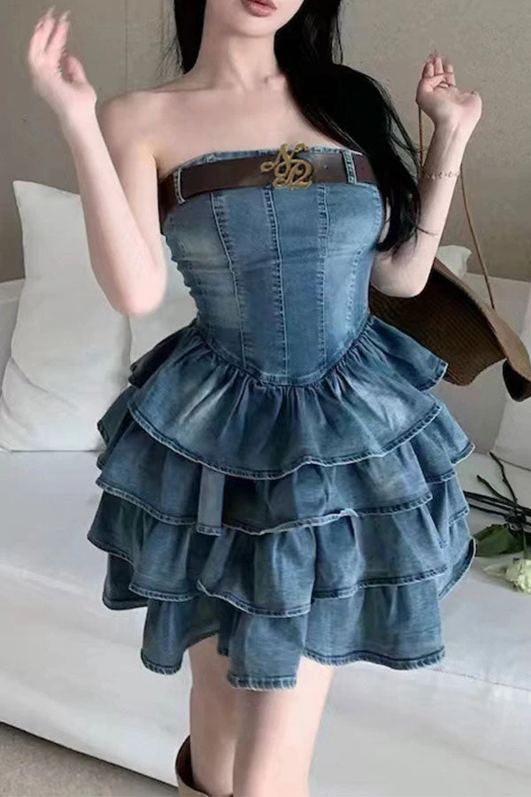 Gradient Girly Belted Tiered Ruffle Denim Mini Dress 2 Gradient Girly Belted Tiered Ruffle Denim Mini Dress - Image 2