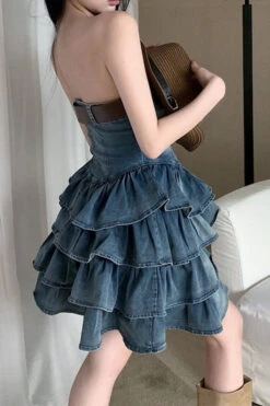 Gradient Girly Belted Tiered Ruffle Denim Mini Dress 5 Gradient Girly Belted Tiered Ruffle Denim Mini Dress -Prettytina C23061250 BL 3