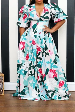 Graffiti Print Cute Puff Sleeve High Split Maxi Dress 11 Graffiti Print Cute Puff Sleeve High Split Maxi Dress -Prettytina C23061269 BL 1