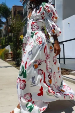 Graffiti Print Cute Puff Sleeve High Split Maxi Dress 8 Graffiti Print Cute Puff Sleeve High Split Maxi Dress -Prettytina C23061269 WH 3