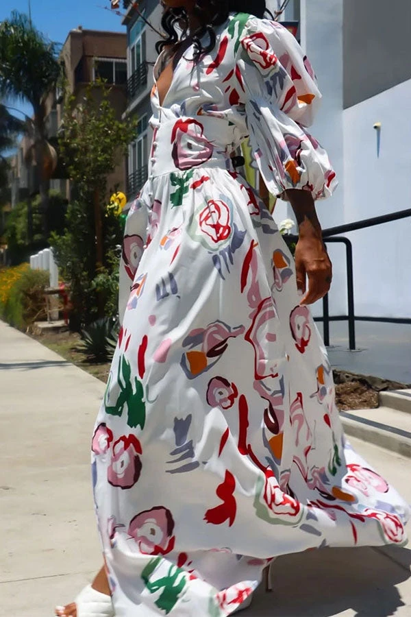 Graffiti Print Cute Puff Sleeve High Split Maxi Dress 3 Graffiti Print Cute Puff Sleeve High Split Maxi Dress - Image 3