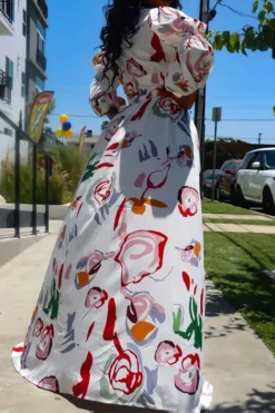 Graffiti Print Cute Puff Sleeve High Split Maxi Dress 9 Graffiti Print Cute Puff Sleeve High Split Maxi Dress -Prettytina C23061269 WH 4