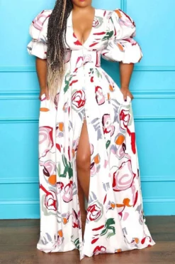 Graffiti Print Cute Puff Sleeve High Split Maxi Dress 10 Graffiti Print Cute Puff Sleeve High Split Maxi Dress -Prettytina C23061269 WH 5