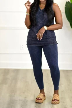 Denim Print Casual V Neck Pant Suit 8 Denim Print Casual V Neck Pant Suit -Prettytina C23061279 BL 1