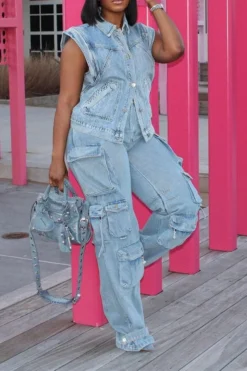 Patchwork Urban Button Thru Denim Gilet 6 Patchwork Urban Button Thru Denim Gilet -Prettytina C23062524 BL 3