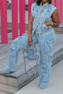 Patchwork Urban Button Thru Denim Gilet 7 Patchwork Urban Button Thru Denim Gilet -Prettytina C23062524 BL 4