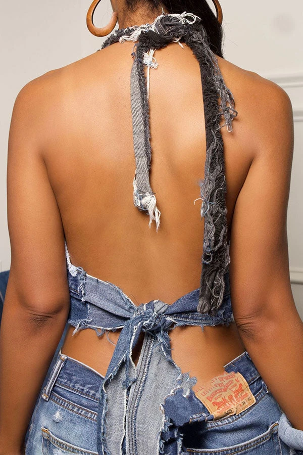 Color Block Party Backless Irregular Denim Camisole 2 Color Block Party Backless Irregular Denim Camisole - Image 2