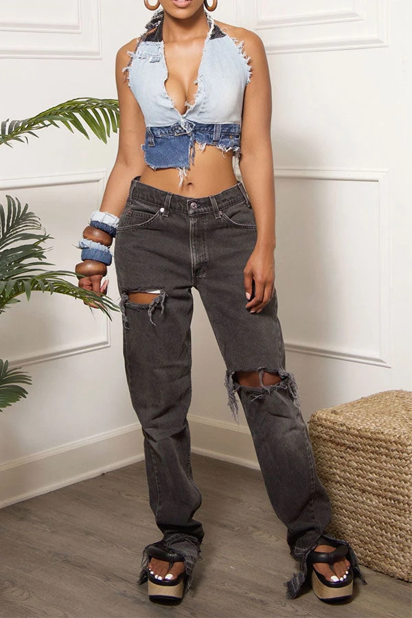 Color Block Party Backless Irregular Denim Camisole 5 Color Block Party Backless Irregular Denim Camisole - Image 5