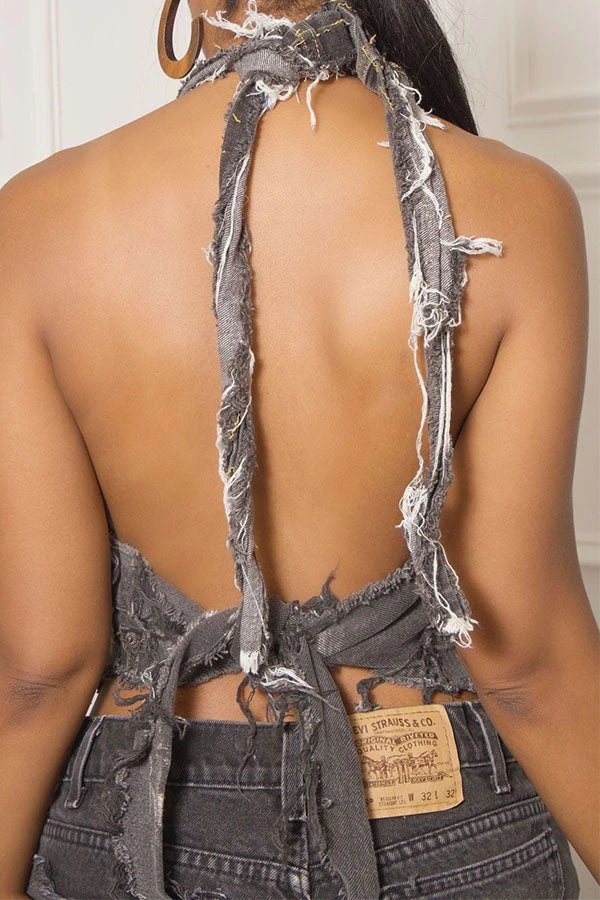 Patchwork Hot Lace-Up Backless Denim Camisole 3 Patchwork Hot Lace-Up Backless Denim Camisole - Image 3