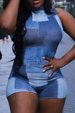 Denim Print Simple Bodycon Romper