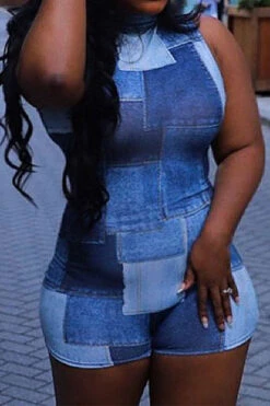 Denim Print Simple Bodycon Romper -Prettytina C23062538 BL 3