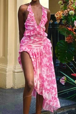 Floral Print Sweet Ruffle Irregular Midi Dress