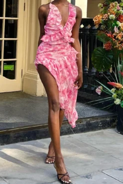 Floral Print Sweet Ruffle Irregular Midi Dress -Prettytina C23062567 PI 3