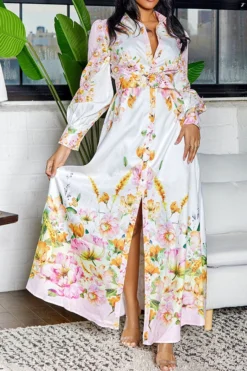 Floral Print Retro Belted Side Split Midi Dress 8 Floral Print Retro Belted Side Split Midi Dress -Prettytina C23062570 WH 3