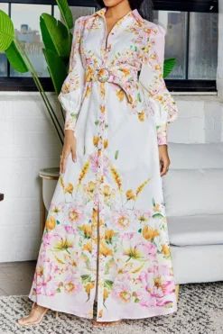Floral Print Retro Belted Side Split Midi Dress 9 Floral Print Retro Belted Side Split Midi Dress -Prettytina C23062570 WH 4