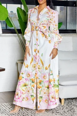 Floral Print Retro Belted Side Split Midi Dress 10 Floral Print Retro Belted Side Split Midi Dress -Prettytina C23062570 WH 5