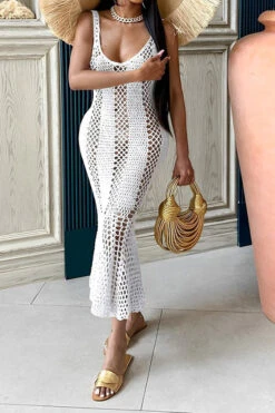 Hollow-Out Knitted Beachy Fishtail Beachwear -Prettytina C23062598 WH 4