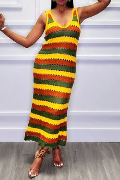 Hollow-Out Striped Simple Knitted Beachwear