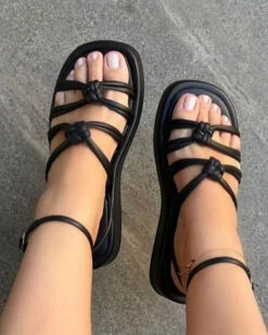 Solid Color Relaxed Braided Knotted Sandals -Prettytina C23062857 BK 1