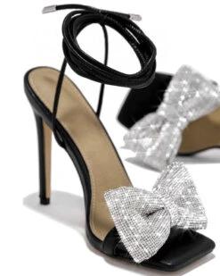 Rhinestone Bow Stunning Square Toe Sandals -Prettytina C23062858 BK 1