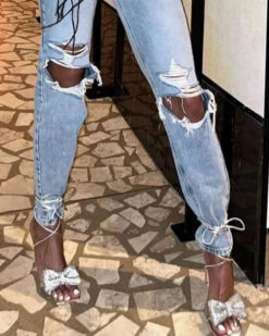 Rhinestone Bow Stunning Square Toe Sandals -Prettytina C23062858 SI 3