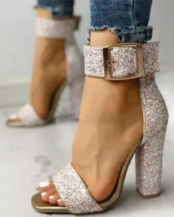 Sequined One Strap Shimmery Buckled Sandals -Prettytina C23062867 GO 1