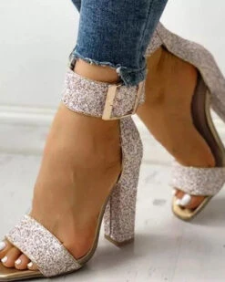 Sequined One Strap Shimmery Buckled Sandals -Prettytina C23062867 GO 2