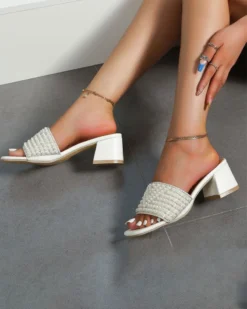 Pearl & Rhinestone Decor Elegant Square Toe Sandals -Prettytina C23062877 WH 3