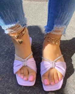 Bow Design Sweet Square Toe Slippers 5 Bow Design Sweet Square Toe Slippers -Prettytina C23062889 PU 1