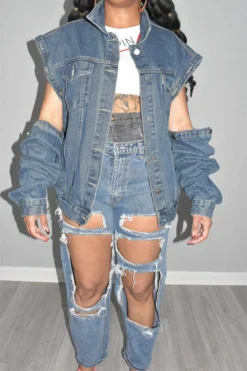 Solid Color Chic Detachable Sleeve Denim Coat