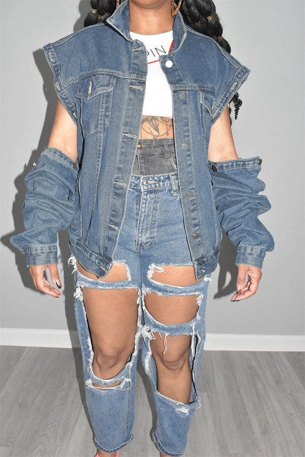 Solid Color Chic Detachable Sleeve Denim Coat 1 Solid Color Chic Detachable Sleeve Denim Coat