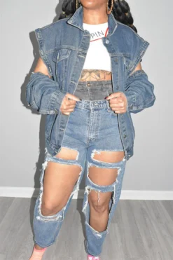 Solid Color Chic Detachable Sleeve Denim Coat 8 Solid Color Chic Detachable Sleeve Denim Coat -Prettytina C23063021 BL 3