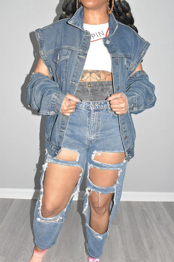 Solid Color Chic Detachable Sleeve Denim Coat 3 Solid Color Chic Detachable Sleeve Denim Coat - Image 3