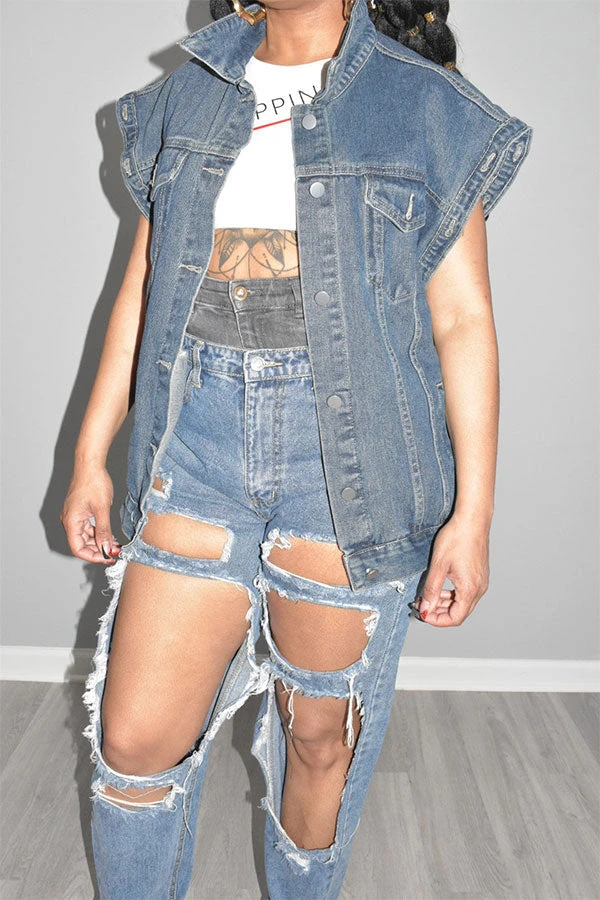 Solid Color Chic Detachable Sleeve Denim Coat 5 Solid Color Chic Detachable Sleeve Denim Coat - Image 5