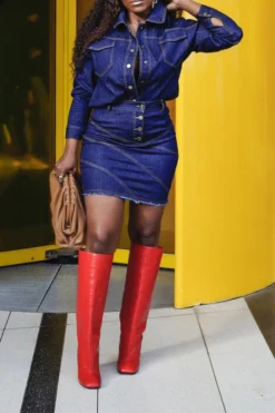 Solid Color Urban Denim Dress Suit