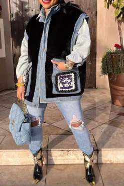 Faux Fur Patchwork Retro Denim Gilet