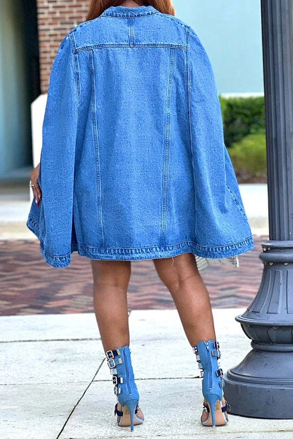 Solid Color Stylish Cape Sleeve Denim Coat 2 Solid Color Stylish Cape Sleeve Denim Coat - Image 2