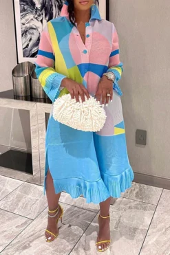 Graphic Print Feminine Pleated Midi Dress