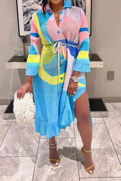 Graphic Print Feminine Pleated Midi Dress -Prettytina C23070658 BL 3