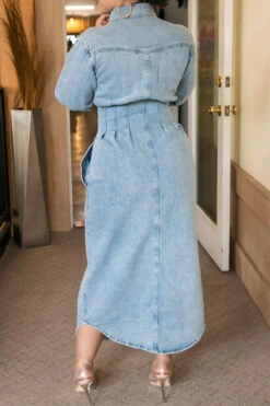 Solid Color Urban Single Breasted Denim Midi Dress -Prettytina C23070659 BL 3