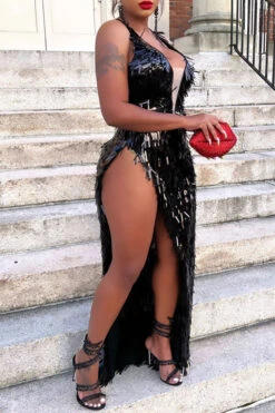 Sequined Tassel Luxe Cross Back High Split Maxi Dress -Prettytina C23070663 BK 3